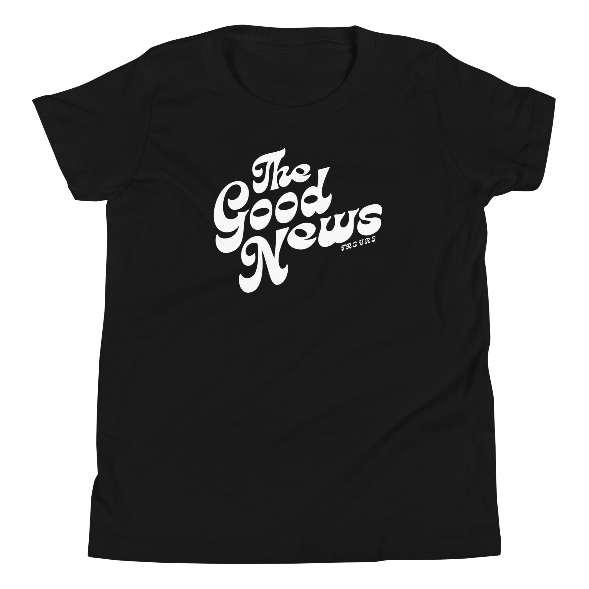 Terse Verse Christian Tee: The Good News
Black t-shirt with white design/print on front that reads "The Good News". 
Youth (Kids) Tee / Unisex
Mockup of front.
