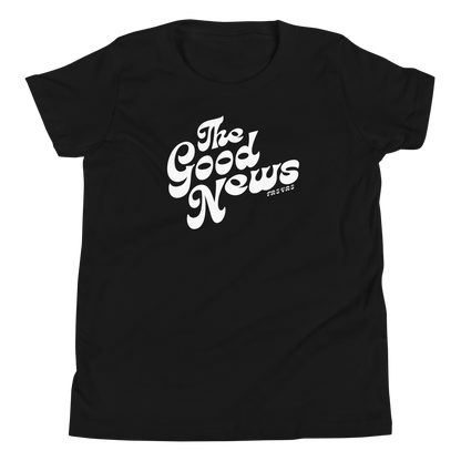 Terse Verse Christian Tee: The Good News
Black t-shirt with white design/print on front that reads "The Good News". 
Youth (Kids) Tee / Unisex
Mockup of front.