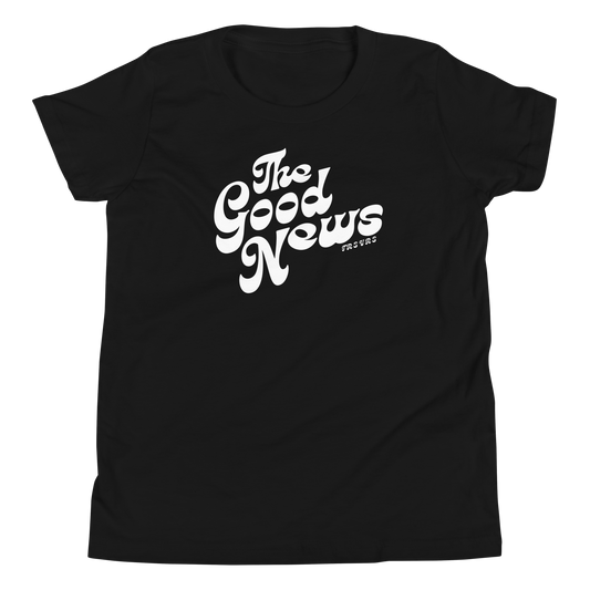 Terse Verse Christian Tee: The Good News
Black t-shirt with white design/print on front that reads "The Good News". 
Youth (Kids) Tee / Unisex
Mockup of front.
