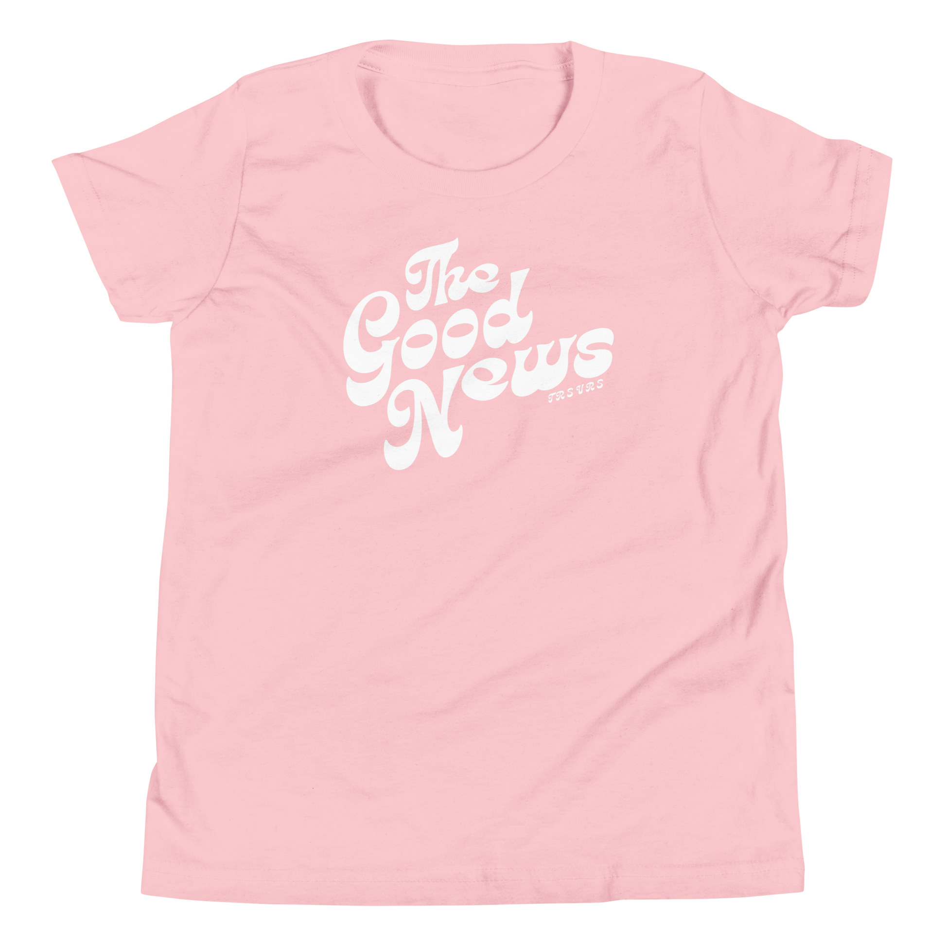 Terse Verse Christian Tee: The Good News
Pink t-shirt with white design/print on front that reads "The Good News". 
Youth (Kids) Tee / Unisex
Mockup of front.