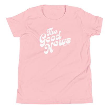 Terse Verse Christian Tee: The Good News
Pink t-shirt with white design/print on front that reads "The Good News". 
Youth (Kids) Tee / Unisex
Mockup of front.