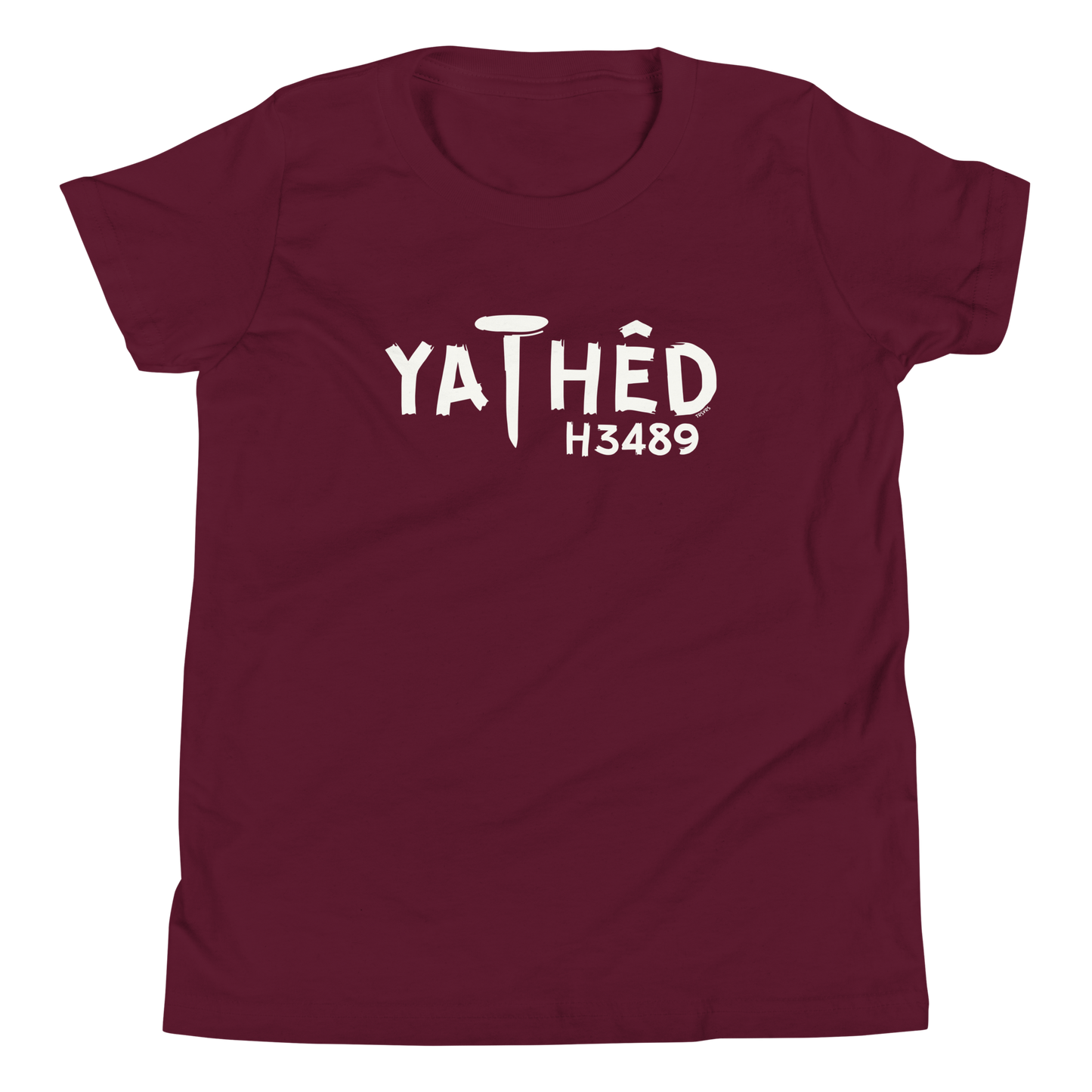 Terse Verse Christian Tee: Yathed
Maroon t-shirt with cream design/print on chest that reads "Yathed" along with the Strong's Concordance Hebrew number H3489.
Youth (Kids) Tee / Unisex
Mockup of front. 