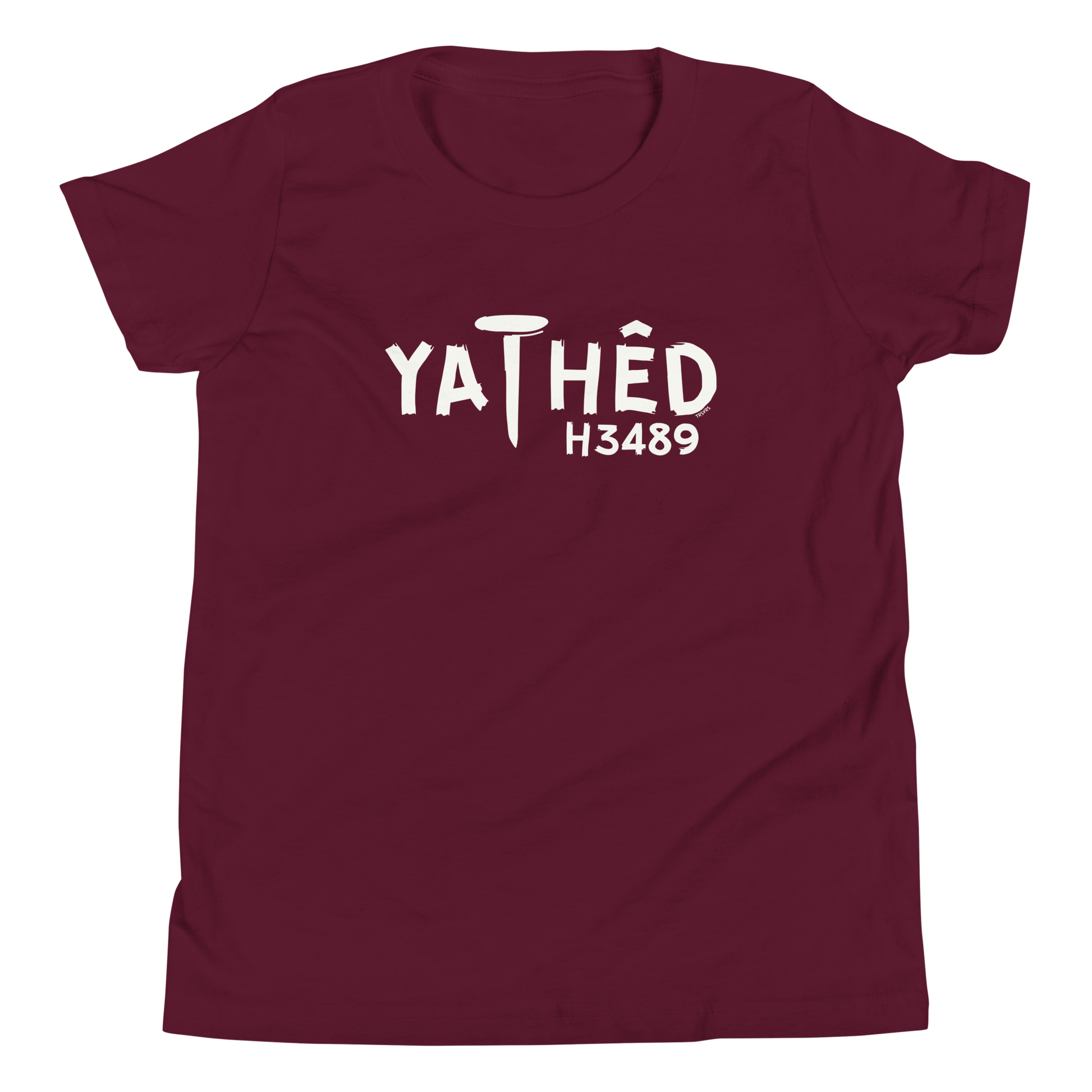 Terse Verse Christian Tee: Yathed
Maroon t-shirt with cream design/print on chest that reads "Yathed" along with the Strong's Concordance Hebrew number H3489.
Youth (Kids) Tee / Unisex
Mockup of front. 