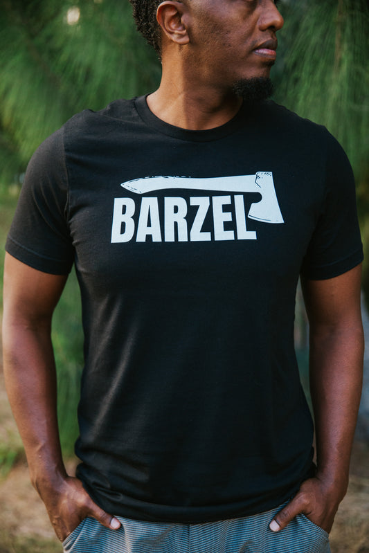 Men's T-Shirt from Terse Verse, a Christian apparel brand. The t-shirt is black and features the word "Barzel" in white lettering under a white axe graphic.